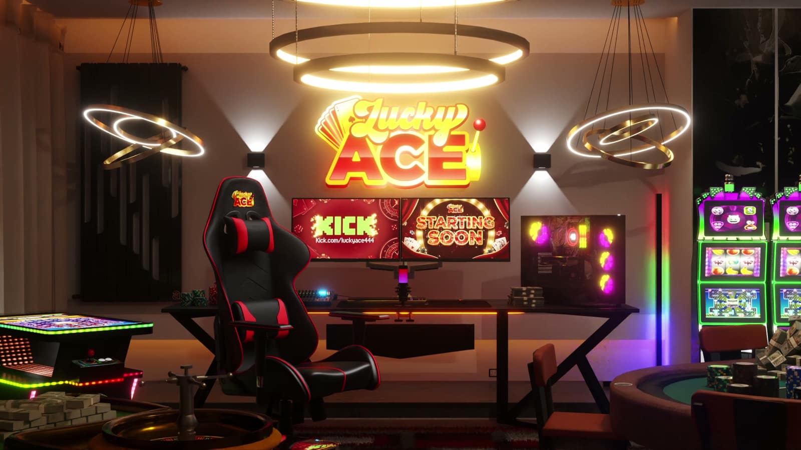 The Lucky Ace streaming room — neon Lucky Ace sign, stream desk, slots and tables